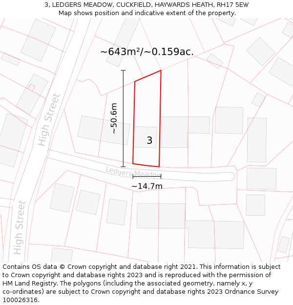 3, LEDGERS MEADOW, CUCKFIELD, HAYWARDS HEATH, RH17 5EW: Plot and title map