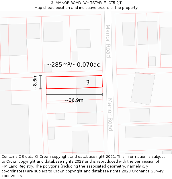 3, MANOR ROAD, WHITSTABLE, CT5 2JT: Plot and title map