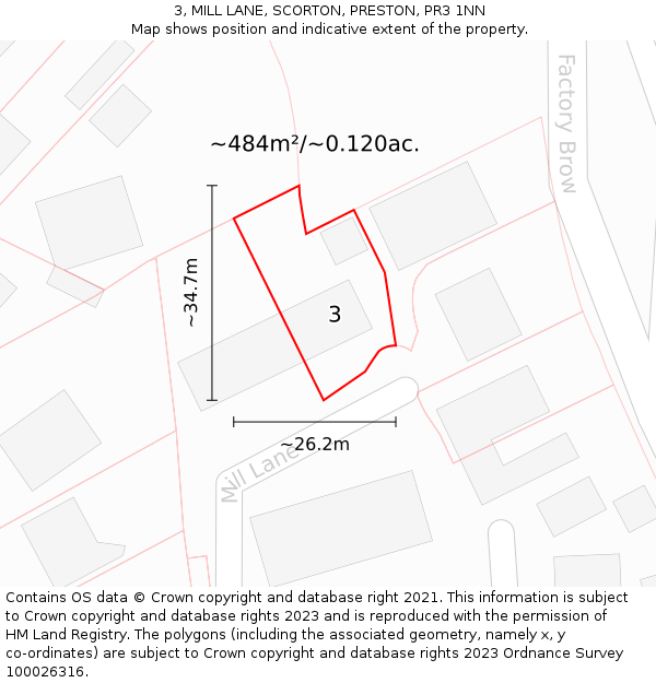 3, MILL LANE, SCORTON, PRESTON, PR3 1NN: Plot and title map