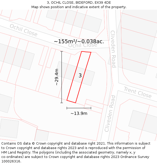 3, OCHIL CLOSE, BIDEFORD, EX39 4DE: Plot and title map