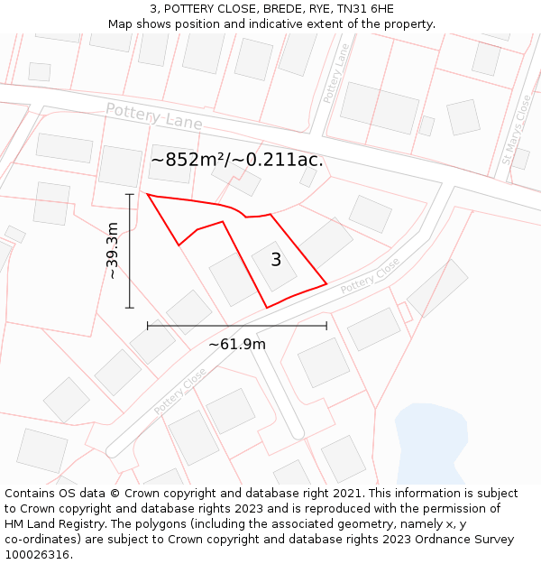 3, POTTERY CLOSE, BREDE, RYE, TN31 6HE: Plot and title map