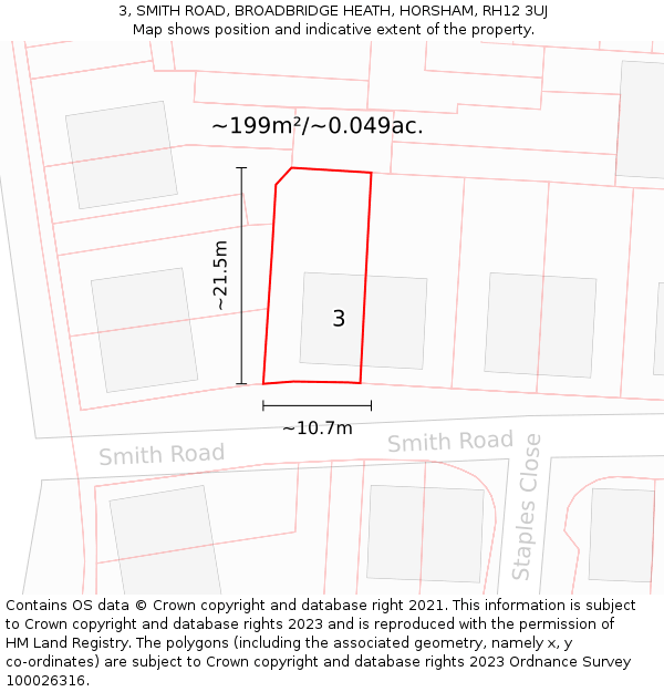 3, SMITH ROAD, BROADBRIDGE HEATH, HORSHAM, RH12 3UJ: Plot and title map