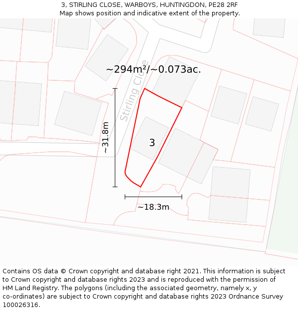 3, STIRLING CLOSE, WARBOYS, HUNTINGDON, PE28 2RF: Plot and title map