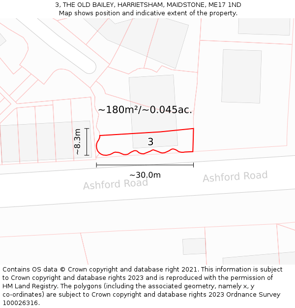 3, THE OLD BAILEY, HARRIETSHAM, MAIDSTONE, ME17 1ND: Plot and title map