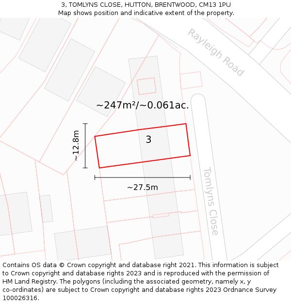 3, TOMLYNS CLOSE, HUTTON, BRENTWOOD, CM13 1PU: Plot and title map