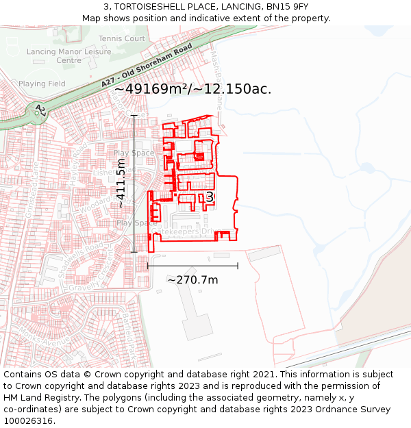 3, TORTOISESHELL PLACE, LANCING, BN15 9FY: Plot and title map