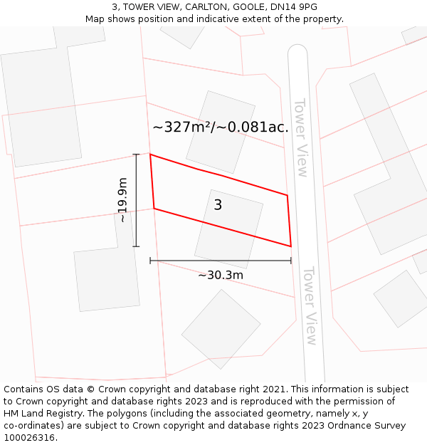 3, TOWER VIEW, CARLTON, GOOLE, DN14 9PG: Plot and title map