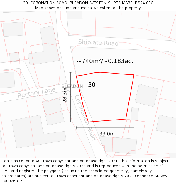 30, CORONATION ROAD, BLEADON, WESTON-SUPER-MARE, BS24 0PG: Plot and title map