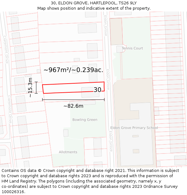 30, ELDON GROVE, HARTLEPOOL, TS26 9LY: Plot and title map