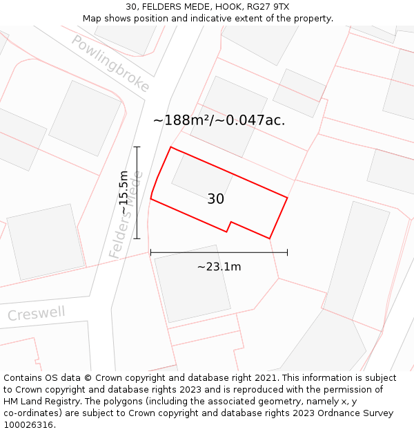 30, FELDERS MEDE, HOOK, RG27 9TX: Plot and title map