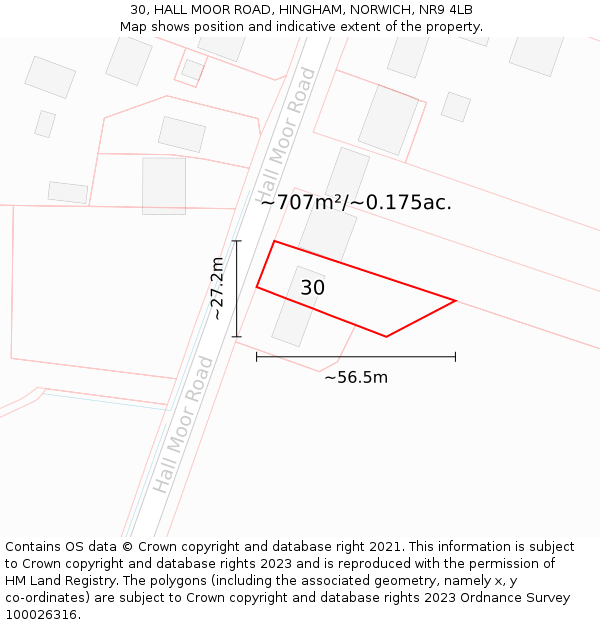 30, HALL MOOR ROAD, HINGHAM, NORWICH, NR9 4LB: Plot and title map