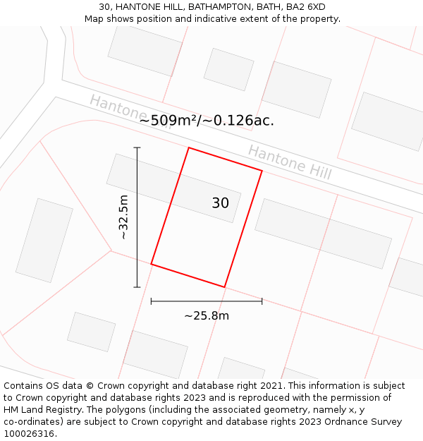 30, HANTONE HILL, BATHAMPTON, BATH, BA2 6XD: Plot and title map