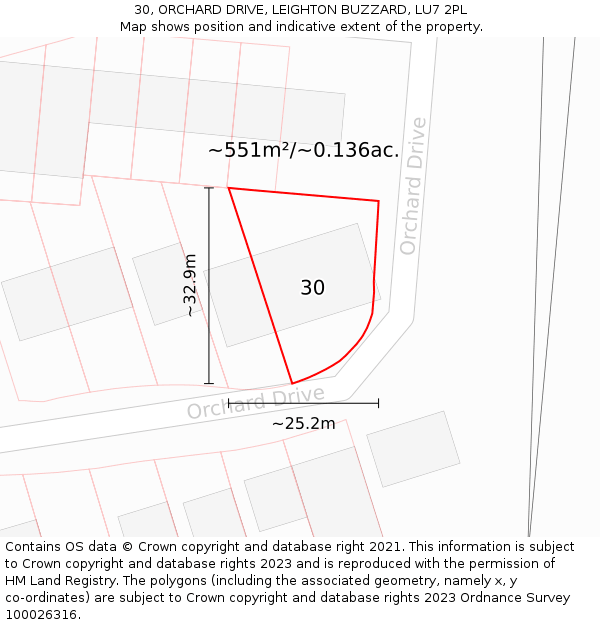 30, ORCHARD DRIVE, LEIGHTON BUZZARD, LU7 2PL: Plot and title map