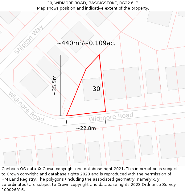 30, WIDMORE ROAD, BASINGSTOKE, RG22 6LB: Plot and title map