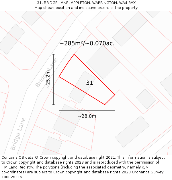 31, BRIDGE LANE, APPLETON, WARRINGTON, WA4 3AX: Plot and title map