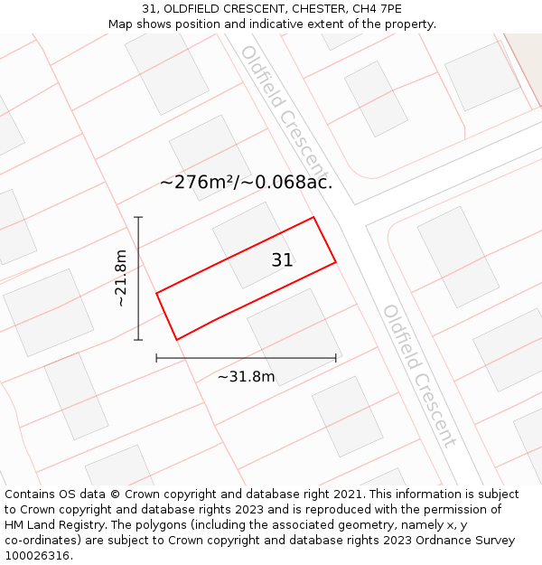 31, OLDFIELD CRESCENT, CHESTER, CH4 7PE: Plot and title map