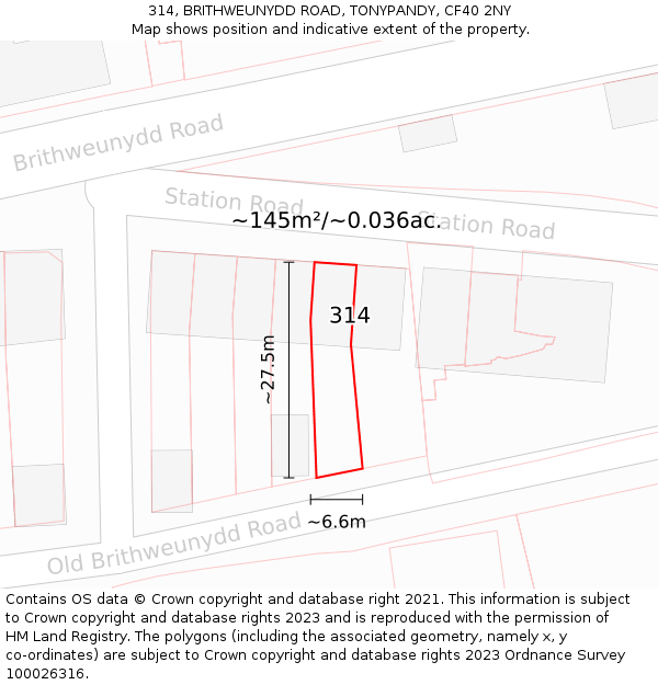 314, BRITHWEUNYDD ROAD, TONYPANDY, CF40 2NY: Plot and title map
