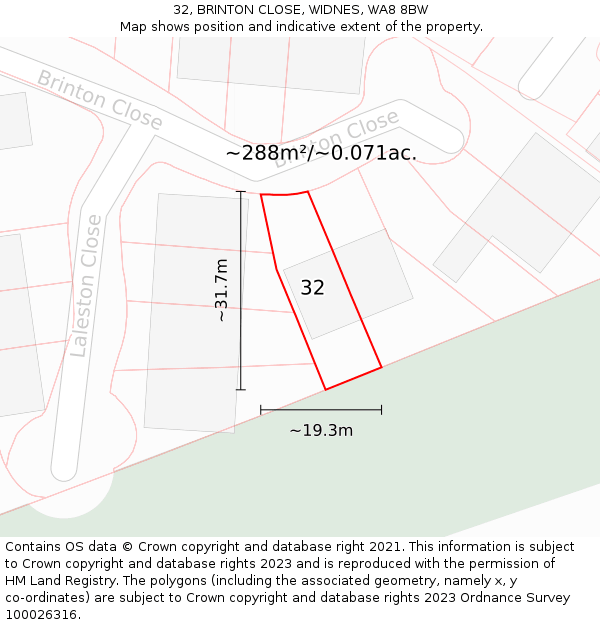 32, BRINTON CLOSE, WIDNES, WA8 8BW: Plot and title map