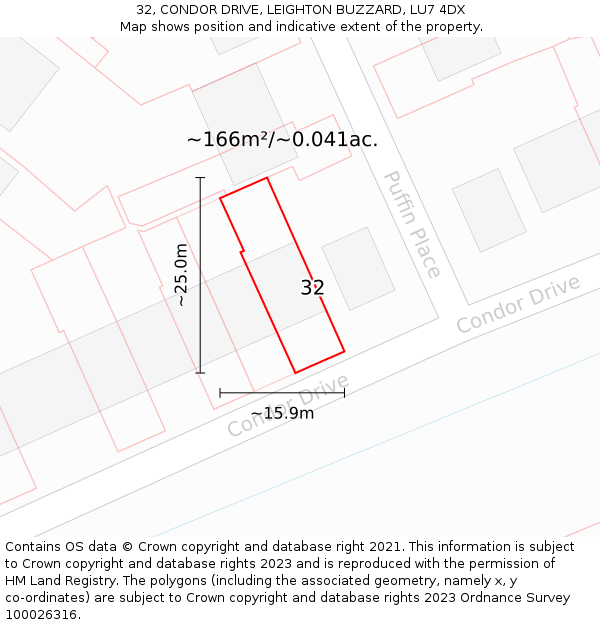 32, CONDOR DRIVE, LEIGHTON BUZZARD, LU7 4DX: Plot and title map
