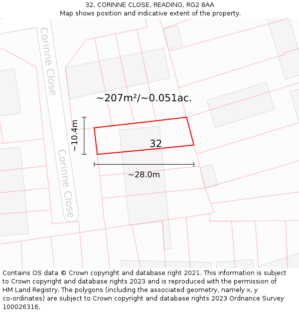 32, CORINNE CLOSE, READING, RG2 8AA: Plot and title map