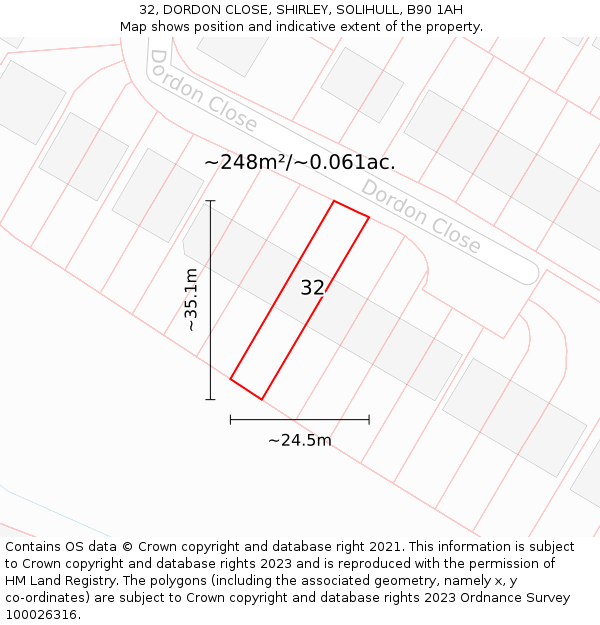 32, DORDON CLOSE, SHIRLEY, SOLIHULL, B90 1AH: Plot and title map