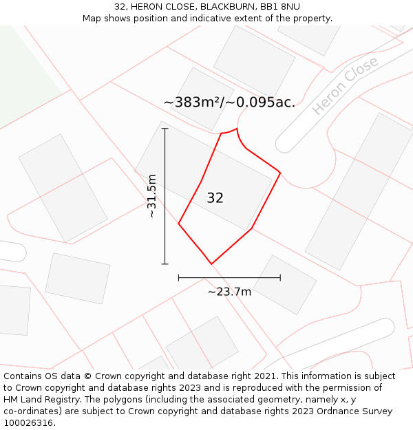 32, HERON CLOSE, BLACKBURN, BB1 8NU: Plot and title map