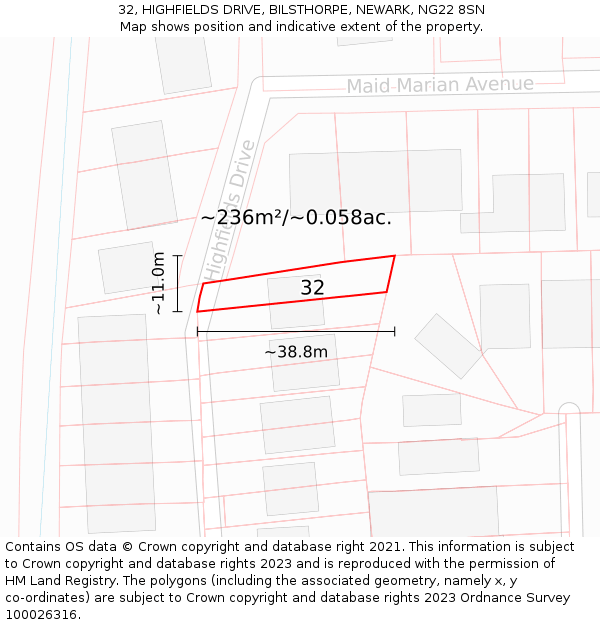 32, HIGHFIELDS DRIVE, BILSTHORPE, NEWARK, NG22 8SN: Plot and title map