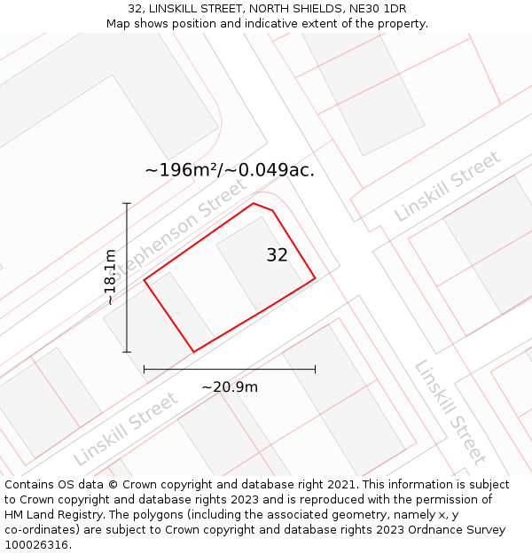 32, LINSKILL STREET, NORTH SHIELDS, NE30 1DR: Plot and title map