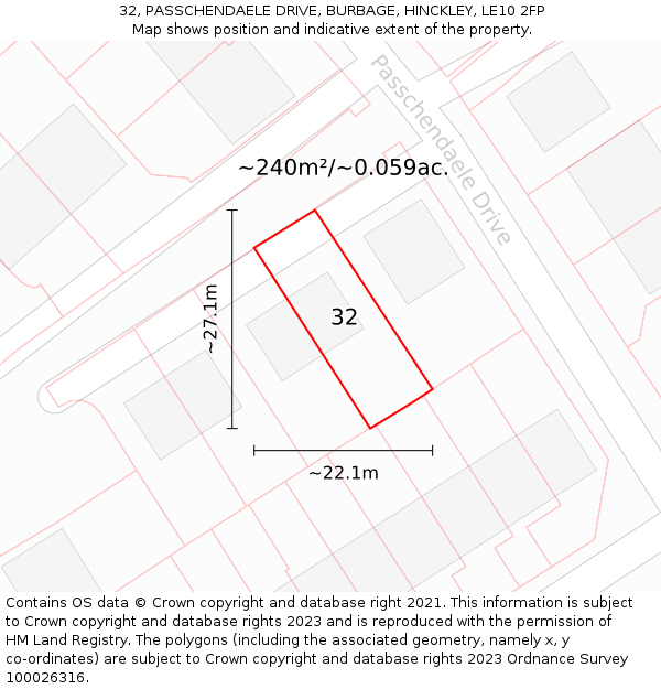 32, PASSCHENDAELE DRIVE, BURBAGE, HINCKLEY, LE10 2FP: Plot and title map
