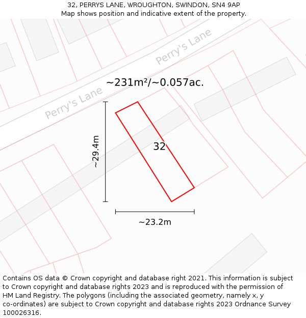 32, PERRYS LANE, WROUGHTON, SWINDON, SN4 9AP: Plot and title map