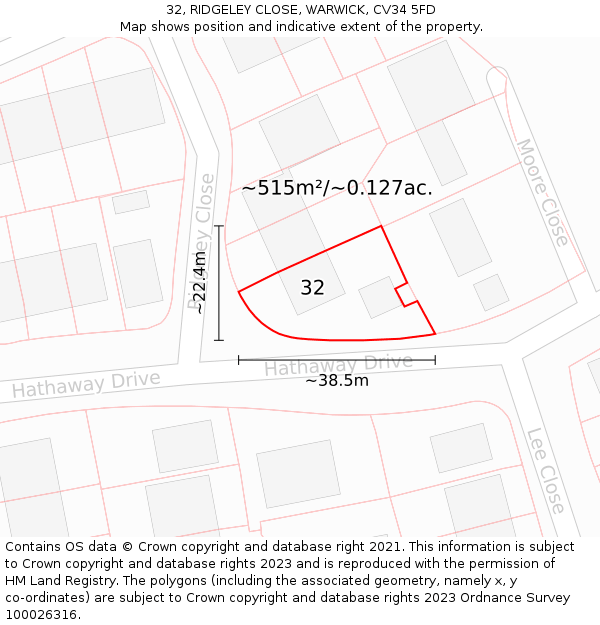 32, RIDGELEY CLOSE, WARWICK, CV34 5FD: Plot and title map
