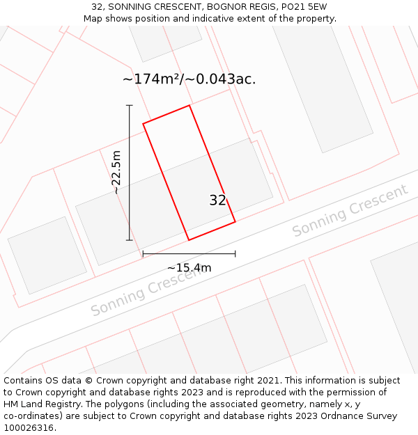 32, SONNING CRESCENT, BOGNOR REGIS, PO21 5EW: Plot and title map