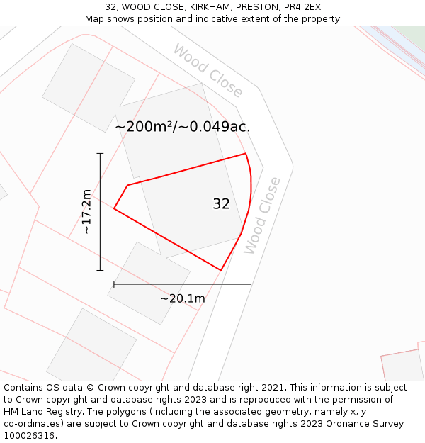 32, WOOD CLOSE, KIRKHAM, PRESTON, PR4 2EX: Plot and title map