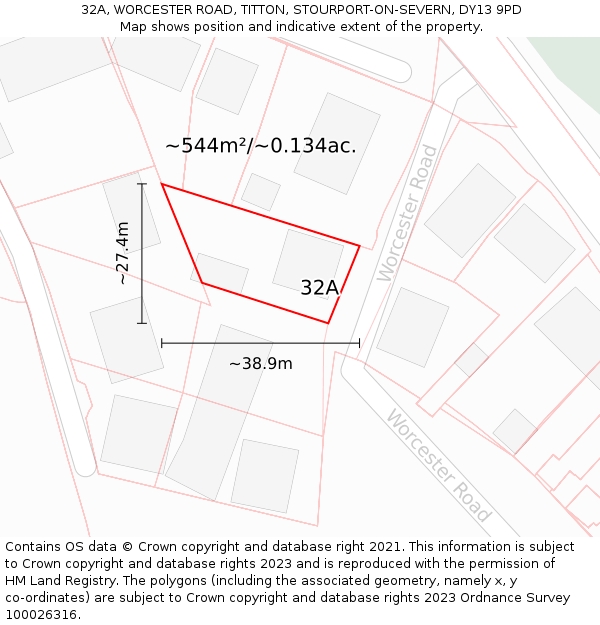 32A, WORCESTER ROAD, TITTON, STOURPORT-ON-SEVERN, DY13 9PD: Plot and title map