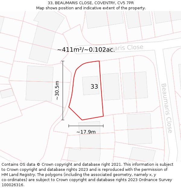33, BEAUMARIS CLOSE, COVENTRY, CV5 7PR: Plot and title map