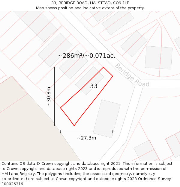 33, BERIDGE ROAD, HALSTEAD, CO9 1LB: Plot and title map