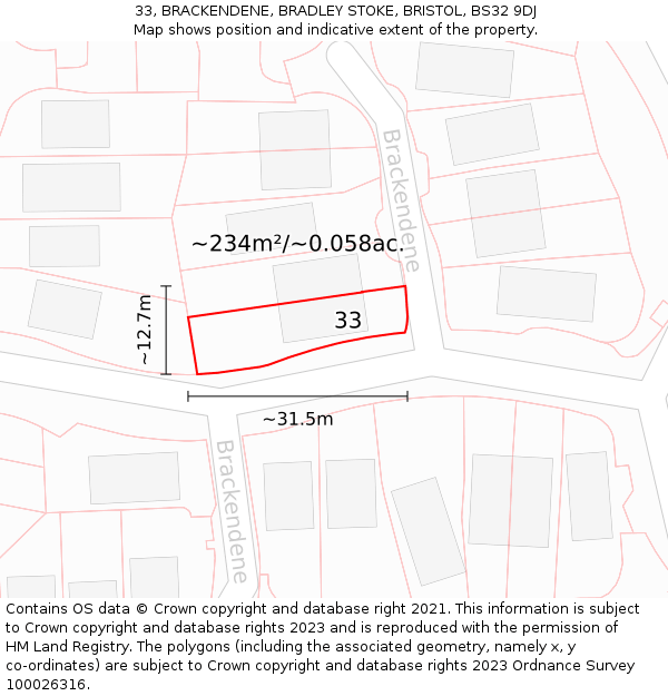 33, BRACKENDENE, BRADLEY STOKE, BRISTOL, BS32 9DJ: Plot and title map