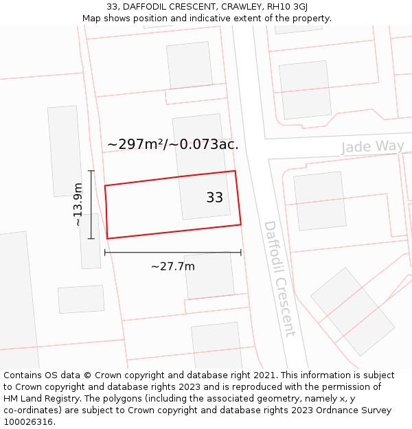 33, DAFFODIL CRESCENT, CRAWLEY, RH10 3GJ: Plot and title map