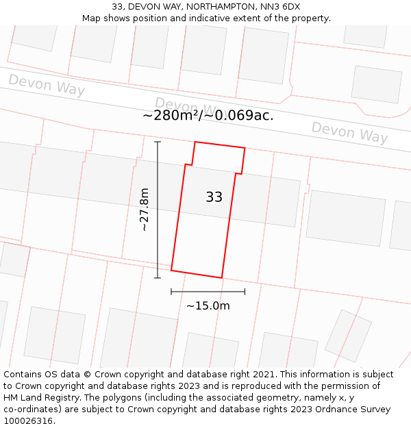 33, DEVON WAY, NORTHAMPTON, NN3 6DX: Plot and title map