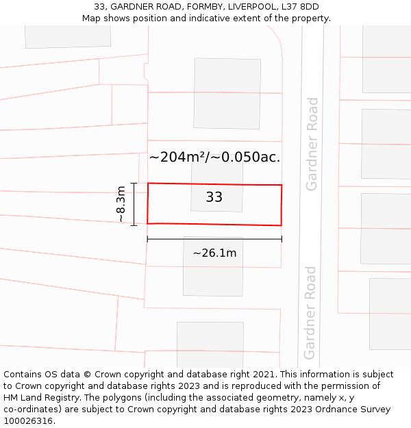 33, GARDNER ROAD, FORMBY, LIVERPOOL, L37 8DD: Plot and title map