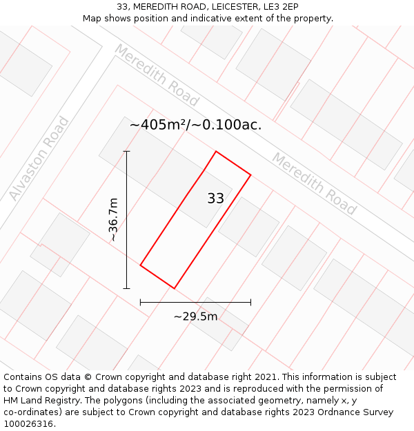 33, MEREDITH ROAD, LEICESTER, LE3 2EP: Plot and title map
