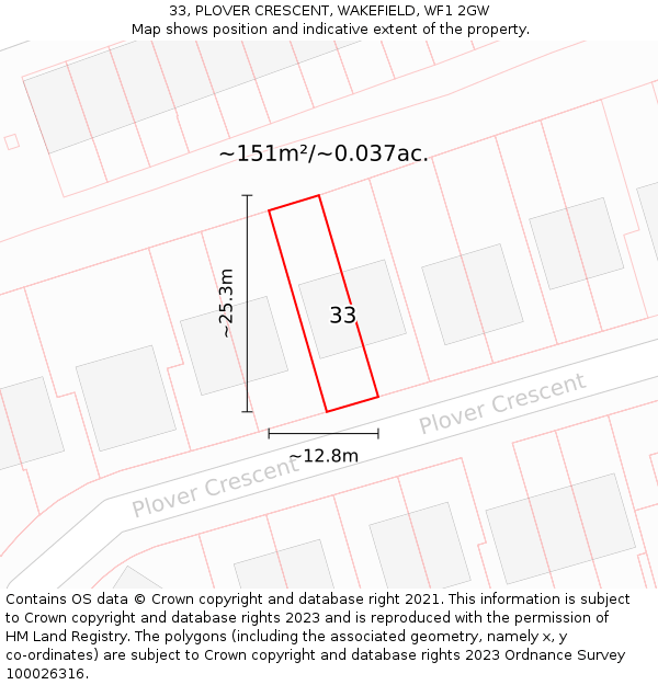 33, PLOVER CRESCENT, WAKEFIELD, WF1 2GW: Plot and title map