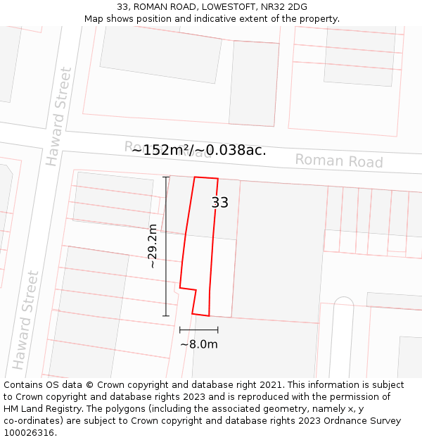 33, ROMAN ROAD, LOWESTOFT, NR32 2DG: Plot and title map