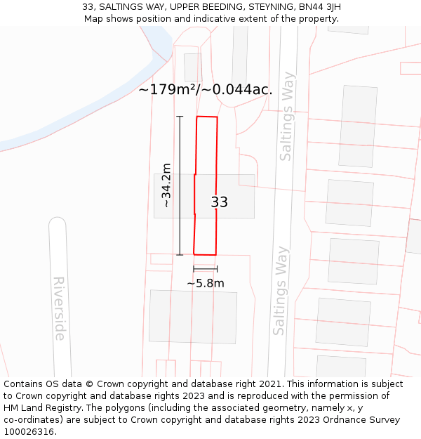 33, SALTINGS WAY, UPPER BEEDING, STEYNING, BN44 3JH: Plot and title map