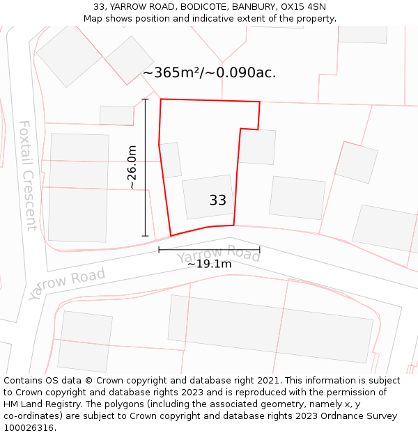 33, YARROW ROAD, BODICOTE, BANBURY, OX15 4SN: Plot and title map