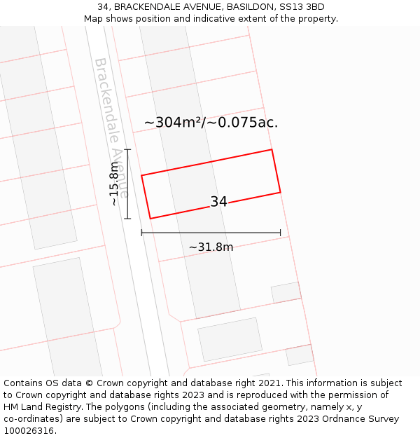 34, BRACKENDALE AVENUE, BASILDON, SS13 3BD: Plot and title map