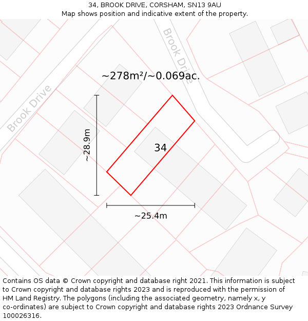 34, BROOK DRIVE, CORSHAM, SN13 9AU: Plot and title map