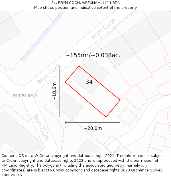 34, BRYN COCH, WREXHAM, LL11 3DN: Plot and title map