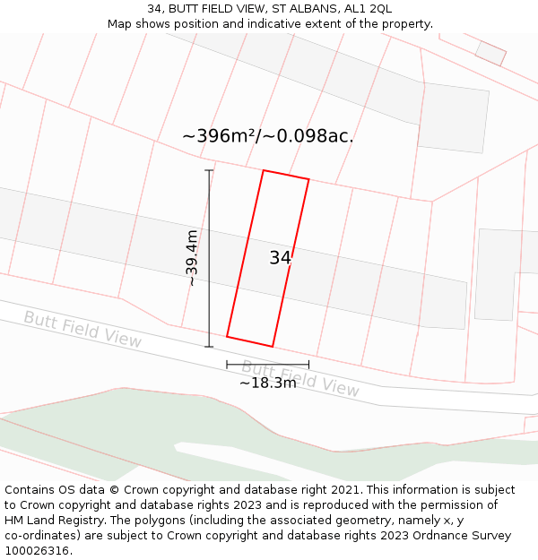 34, BUTT FIELD VIEW, ST ALBANS, AL1 2QL: Plot and title map
