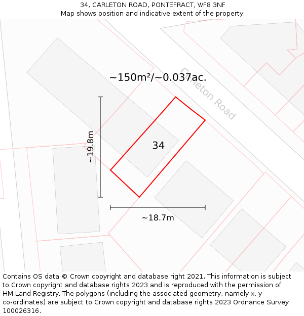 34, CARLETON ROAD, PONTEFRACT, WF8 3NF: Plot and title map